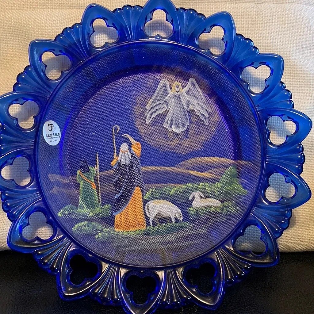 Fenton Family Holiday Plate Cobalt Blue Nativity Scene 1999 Signed Stephens