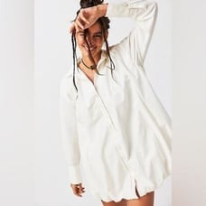 NWT FREE PEOPLE COTTON NOVA SHIRT DRESS BUBBLE HEM MINI WHITE LONG SLEEVE SZ SM