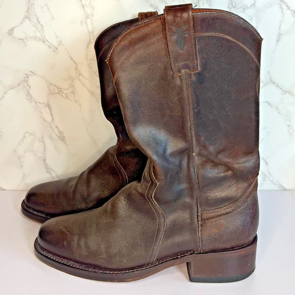 Frye Men's Cowboy Boots Brown Leather Dark Brown, Size 8 1/2 Pull-On Western