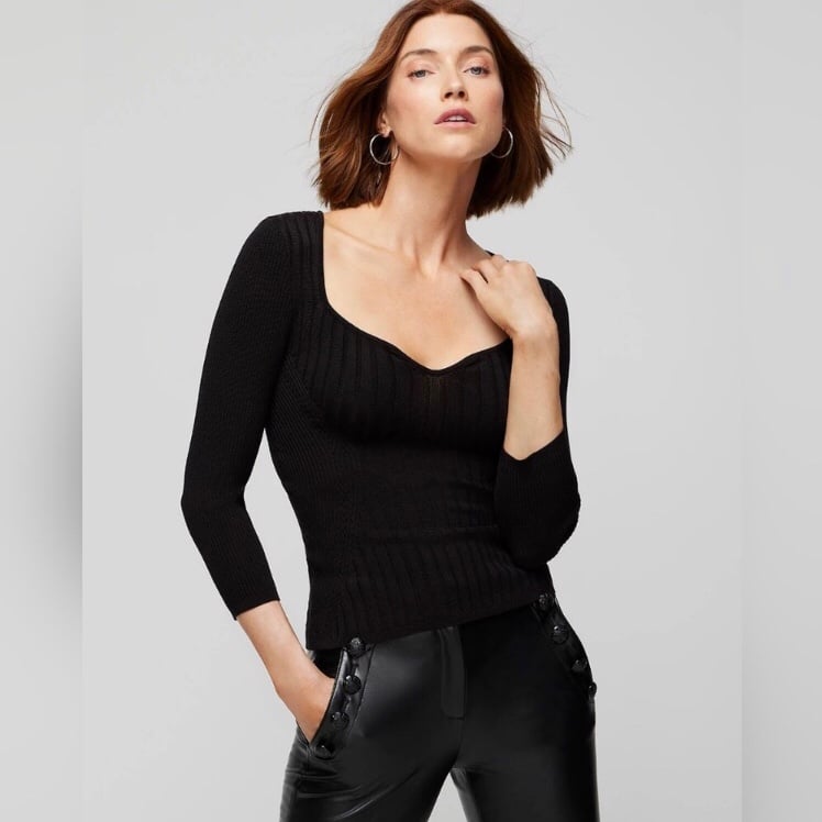 WHBM | Sweetheart Ribbed Sweater Solid Black, 3/4 Sleeves