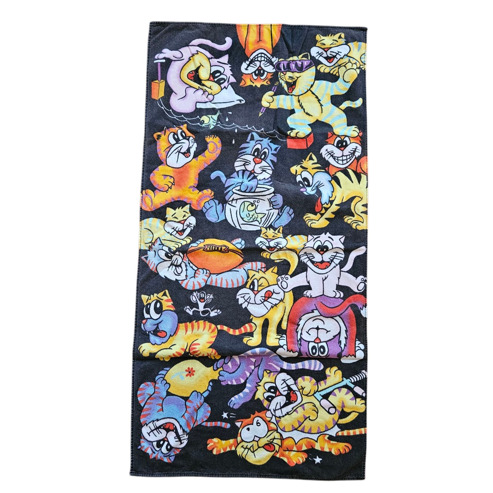 VTG Novelty Cartoon Cats Beach Towel Funky Graphic Print Black Cotton JC Penney