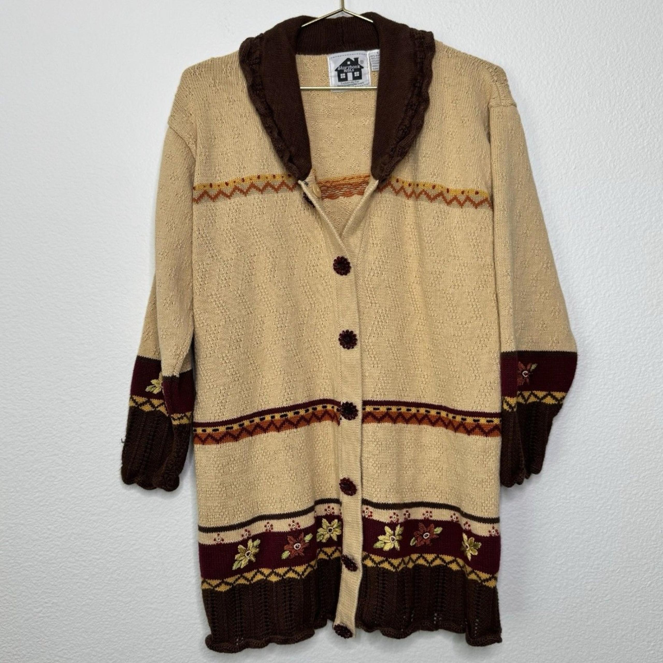 Storybook Knits Cardigan Sweater Large Tan Tunic Grannycore Grandma Sunflower