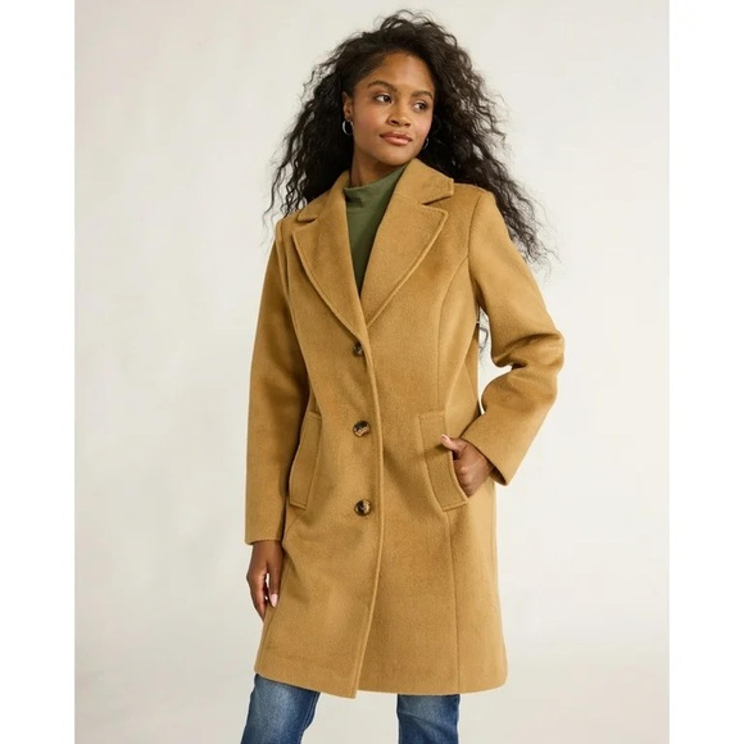 Time and Tru Women's Faux Wool Notch Collar Solid Button Front Tan Coat NWT med