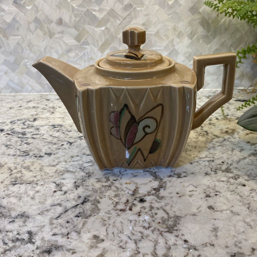 Art Deco Style Teapot Hand Painted Japan MCM Bohemian Hot Tea Vintage Decor Rare