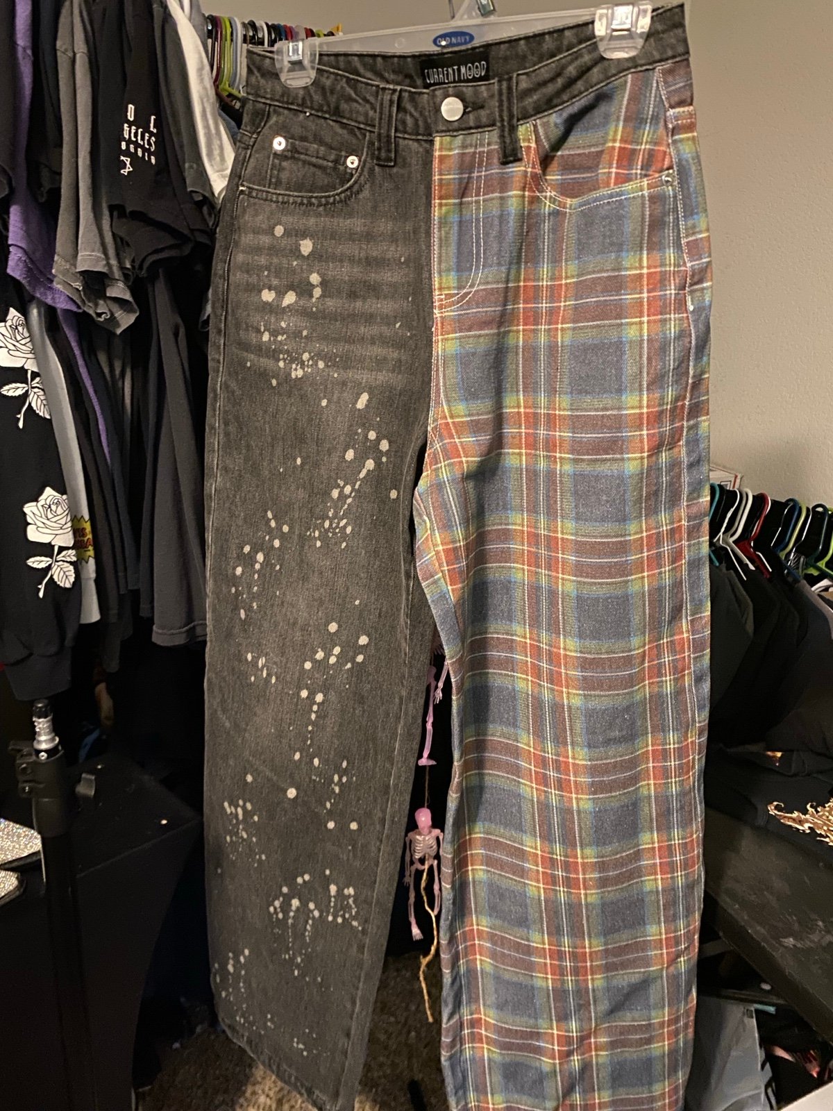 Current mood plaid distressed acid wash wide leg pant
