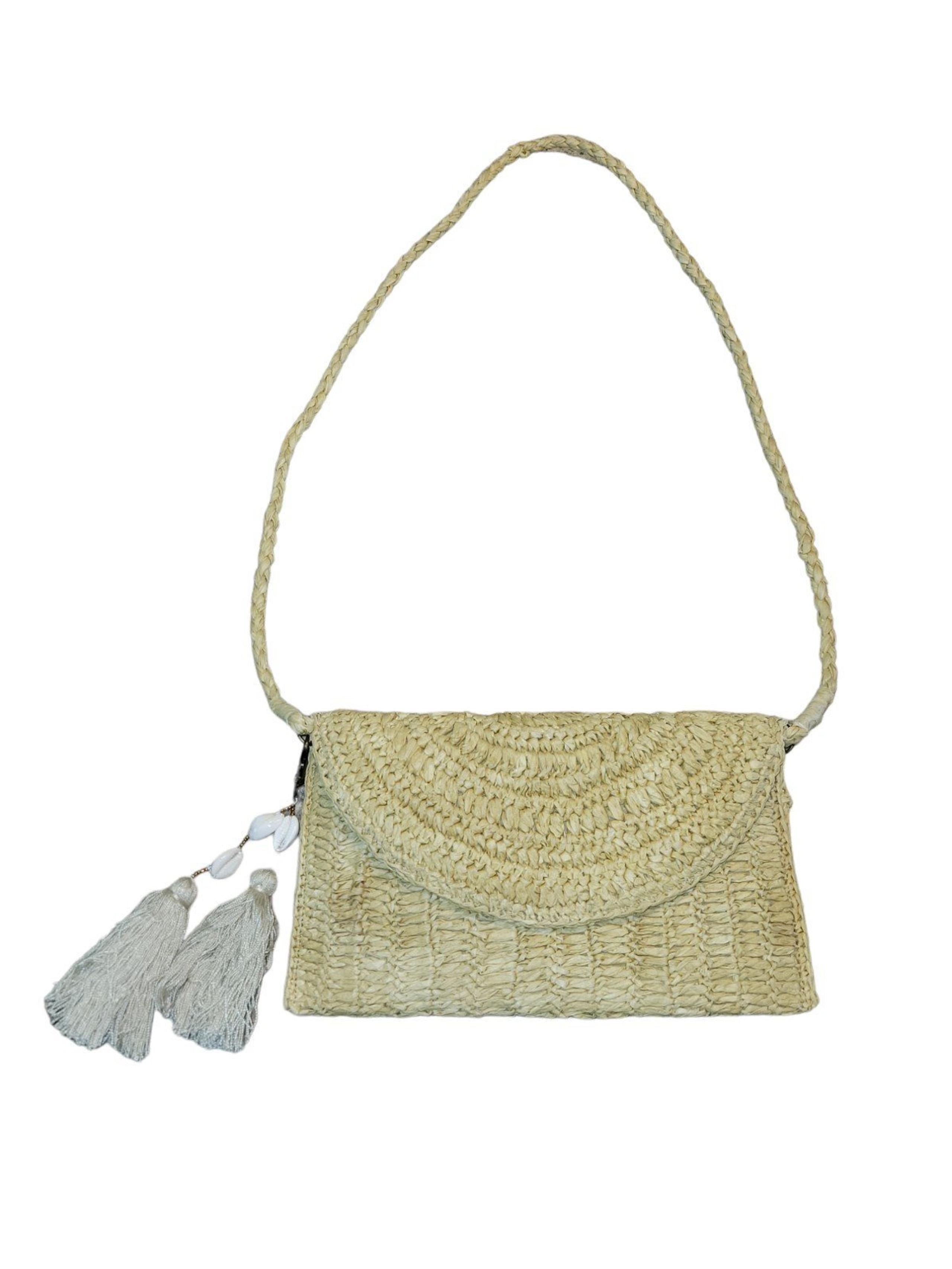 J.Jill, Straw Crossbody Purse, Tassels w/Shells, Snaps Shut, Inner Pocket w/ Zip