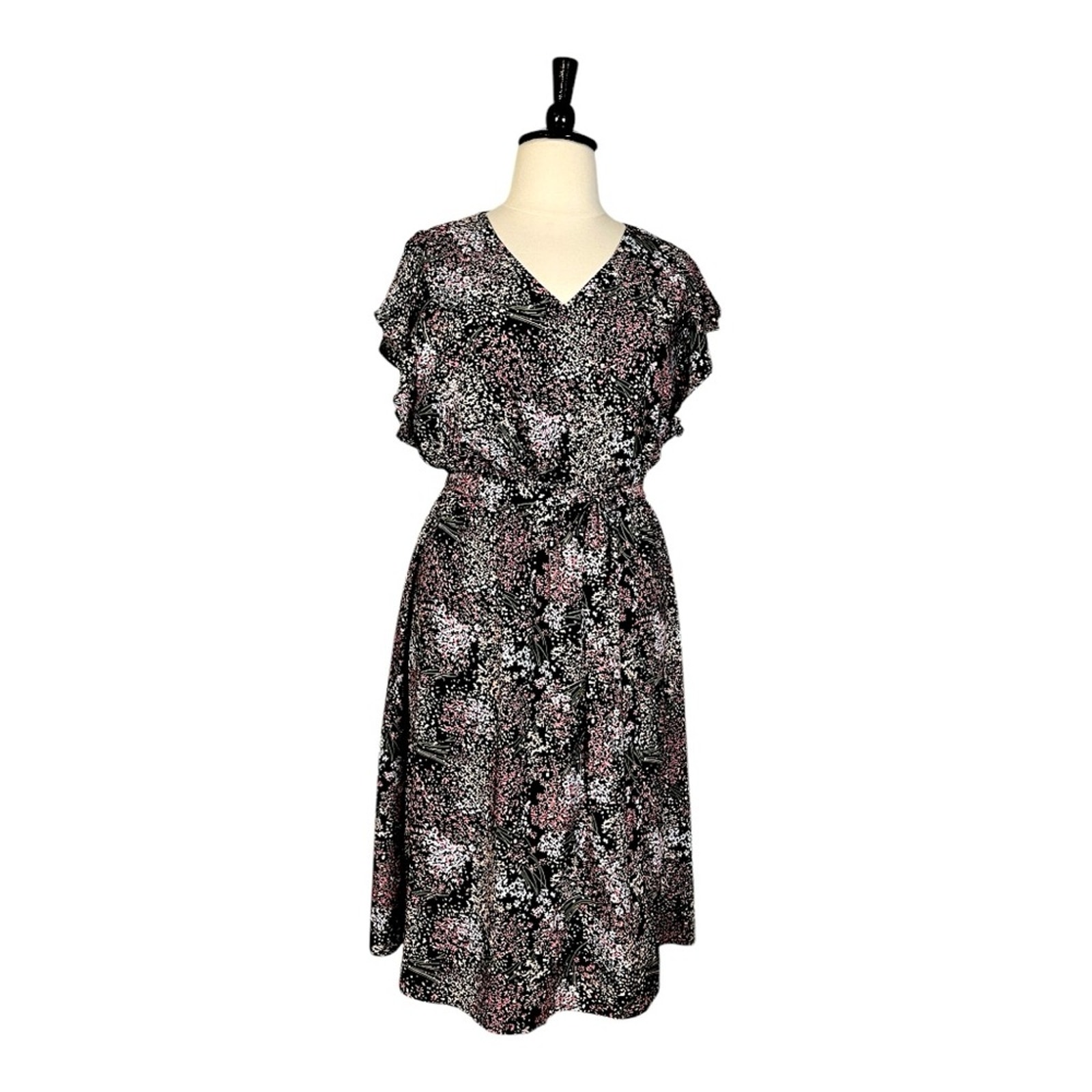LOFT Midi Dress V-neck Flutter Sleeve Belted Black Pink Floral Women’s Size XL
