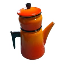 Vintage Aubeco Depose Orange Enamel Mid Century Modern MCM Coffee Tea Pot France