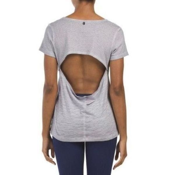 LORNA Jane Cara’ Short Sleeve Open Back Tee Shirt In Heathered Gray Size Medium