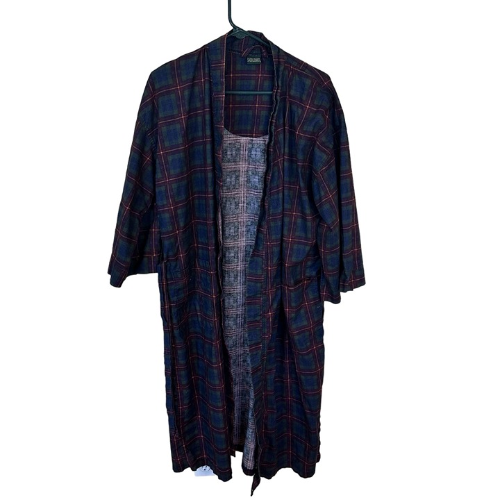 Vtg Saddlebred Plaid Robe Navy Blue Forrest Green One Size 100% Cotton Unisex