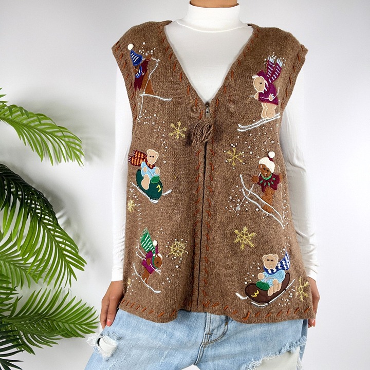 Vintage Brown Wool Cottagecore Ugly Christmas Sweater Grandma Cardigan Vest / XL