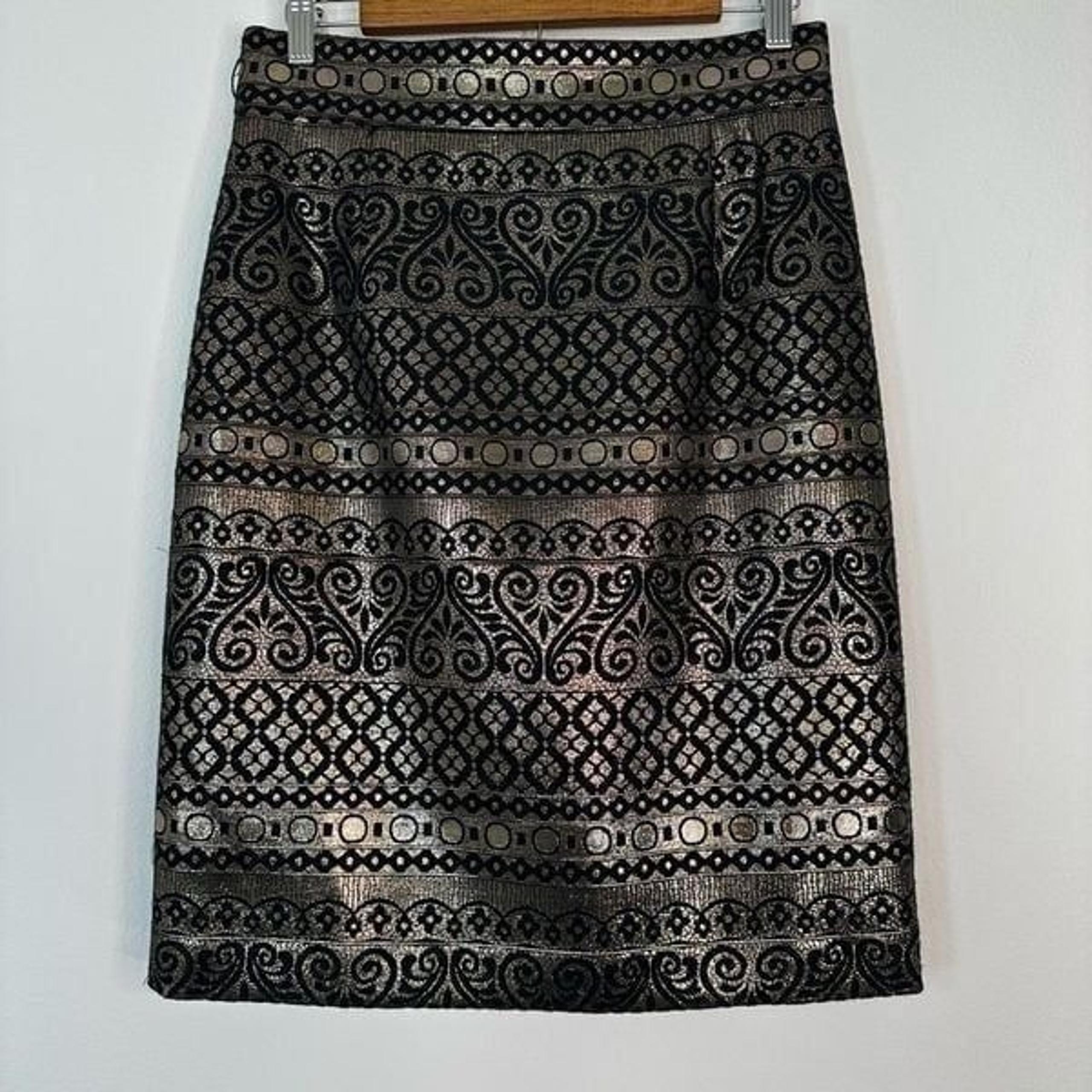 Antonio Melani Boho Black & Metallic Gold Boho Pencil Skirt Women’s 6 Glam Chic
