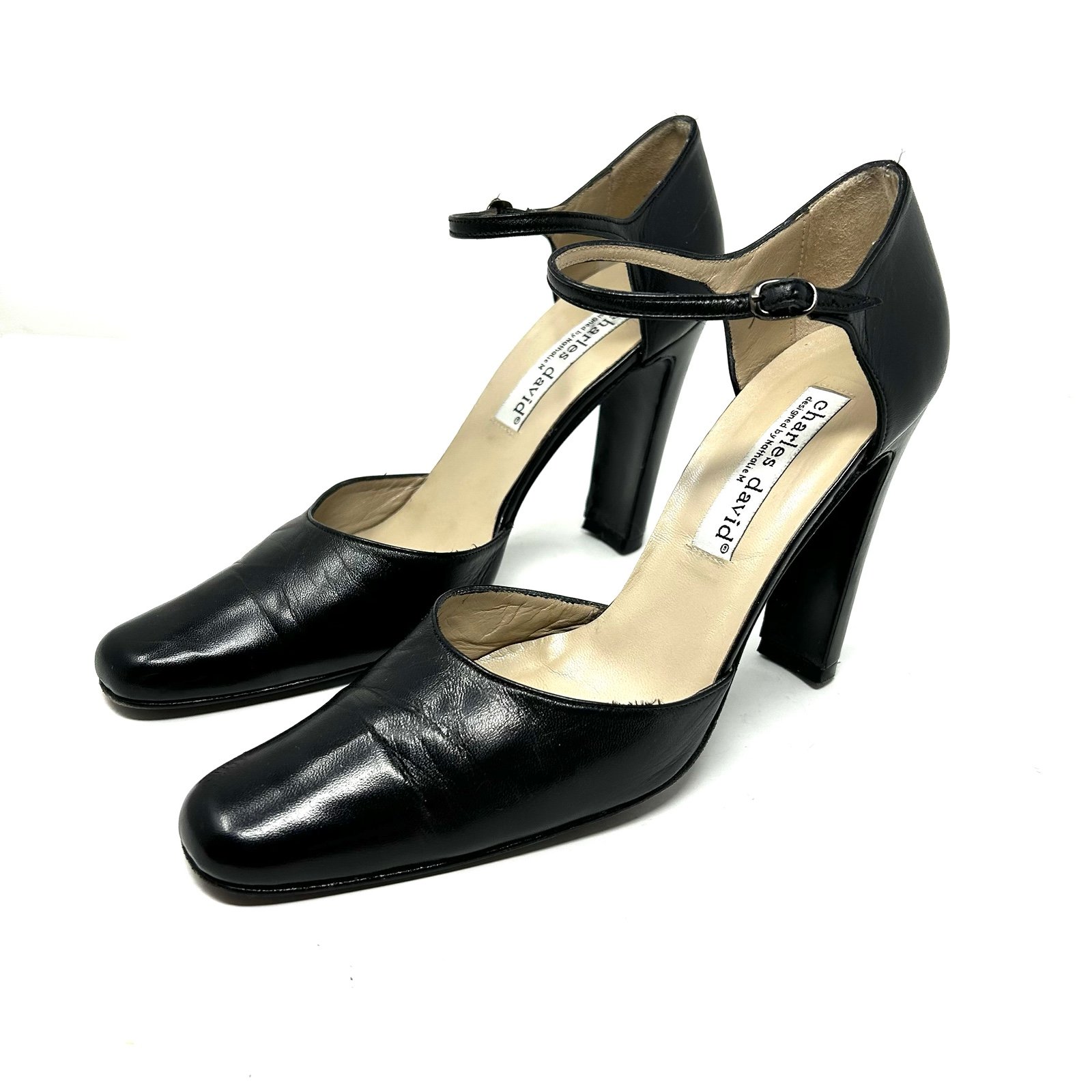 CHARLES DAVID black leather ankle strap heels, size 9, made in Spain
