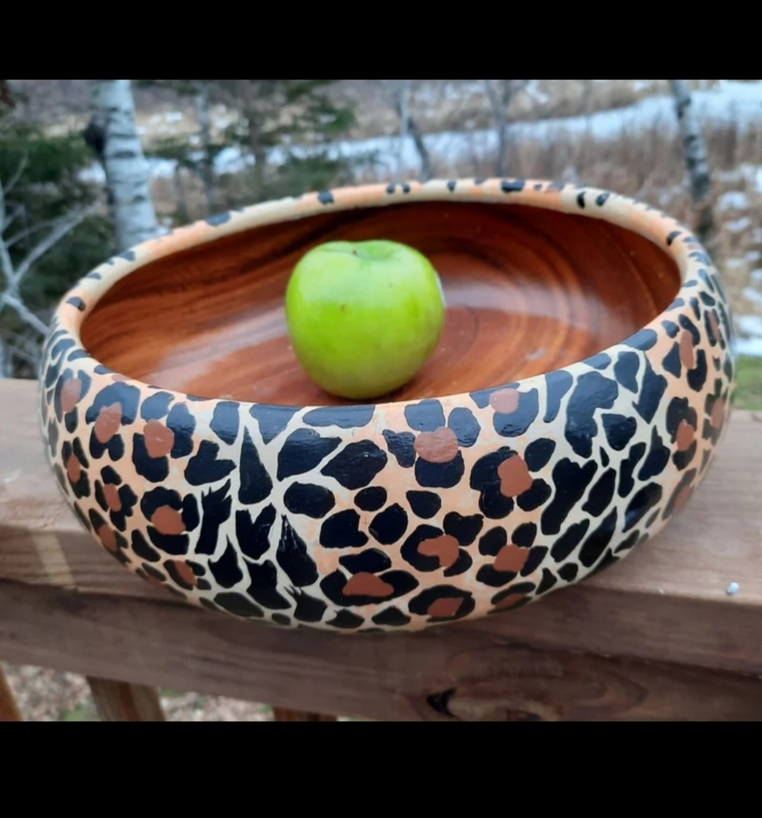 Handpainted cheetah vtg wood Bowl upcycled