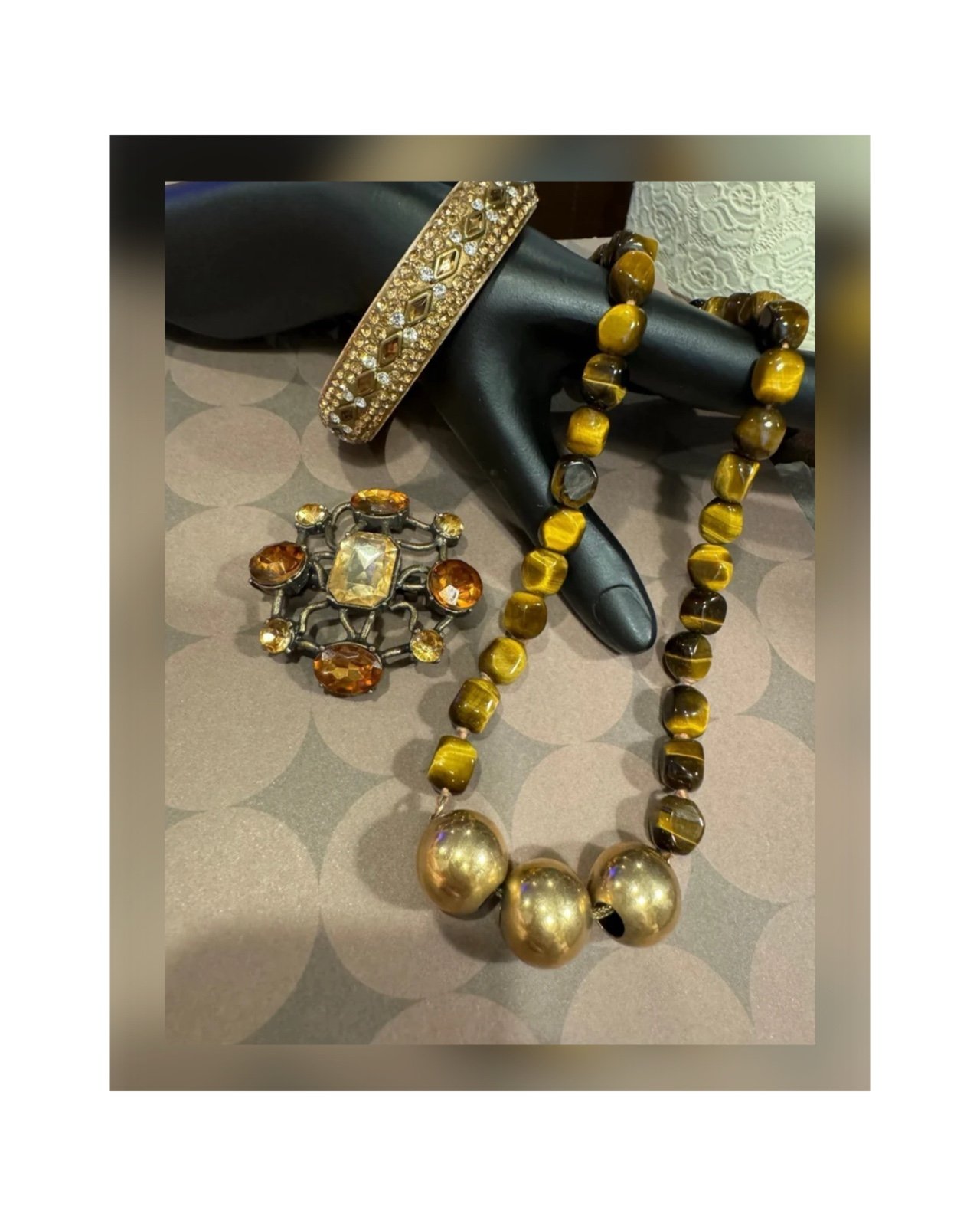Vintage Jewelry Tiger Eye Necklace Rhinestone Bangle Brooch