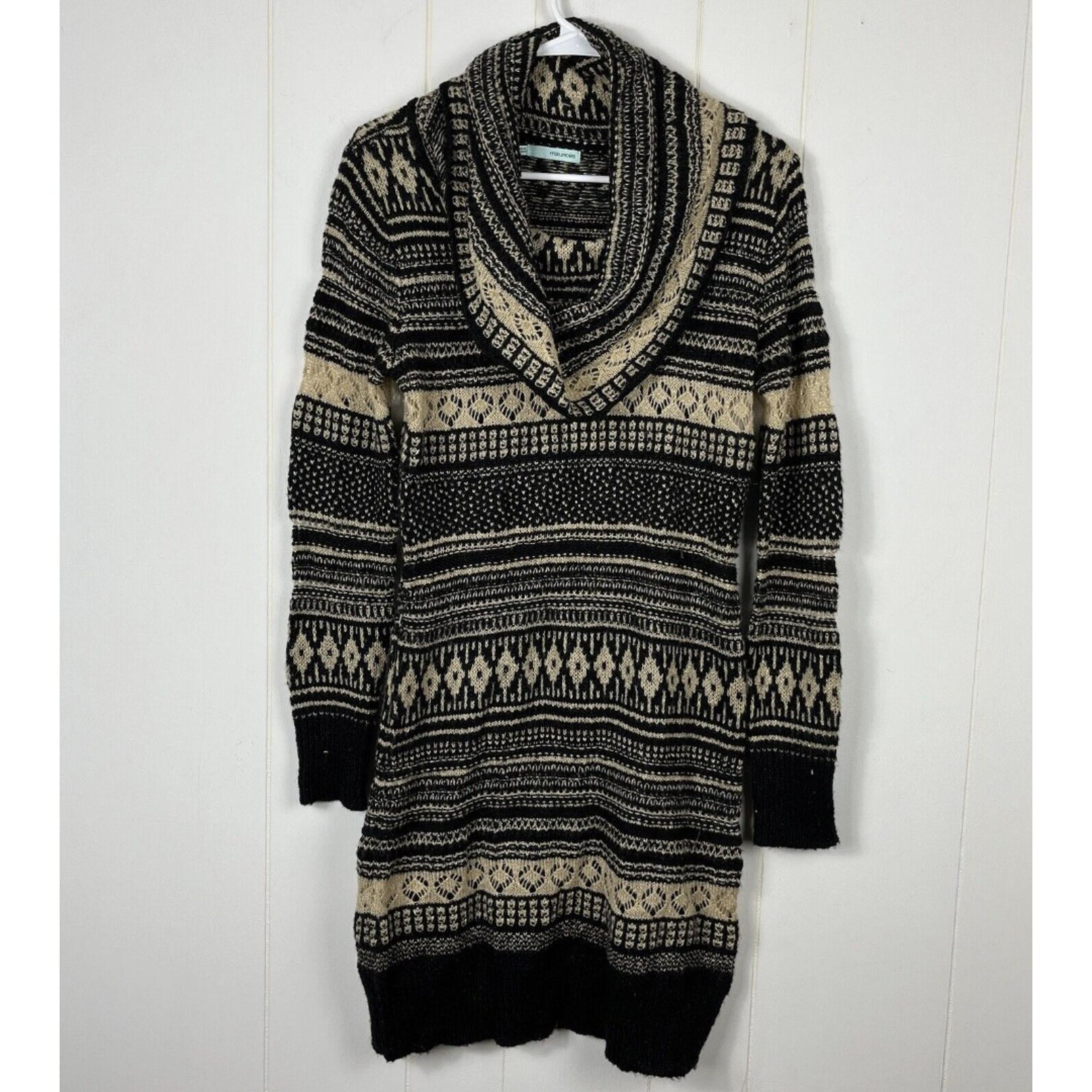 Maurices Women Sweater Dress Medium Black Cream Metallic Cowl Neck Stripes Knit