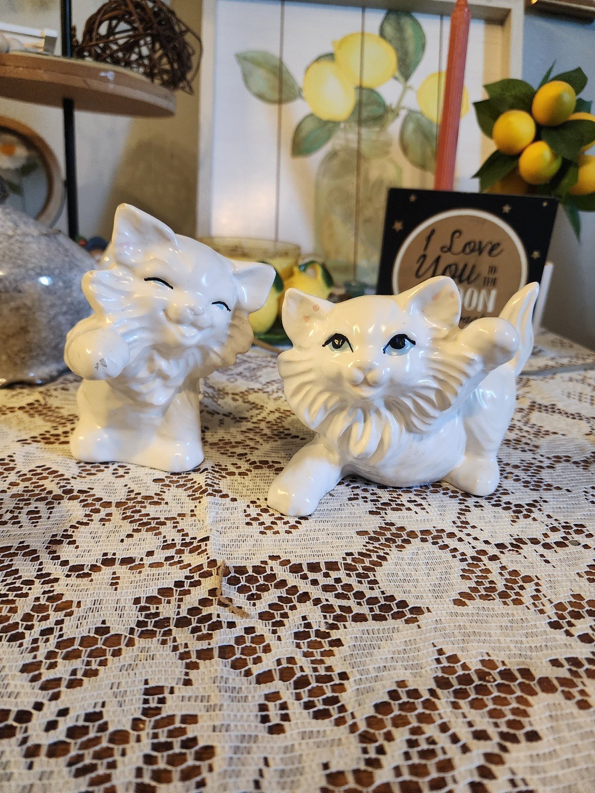 Vintage Ceramic Enesco White Porcelain Persian Pair Of Kitten Cats
