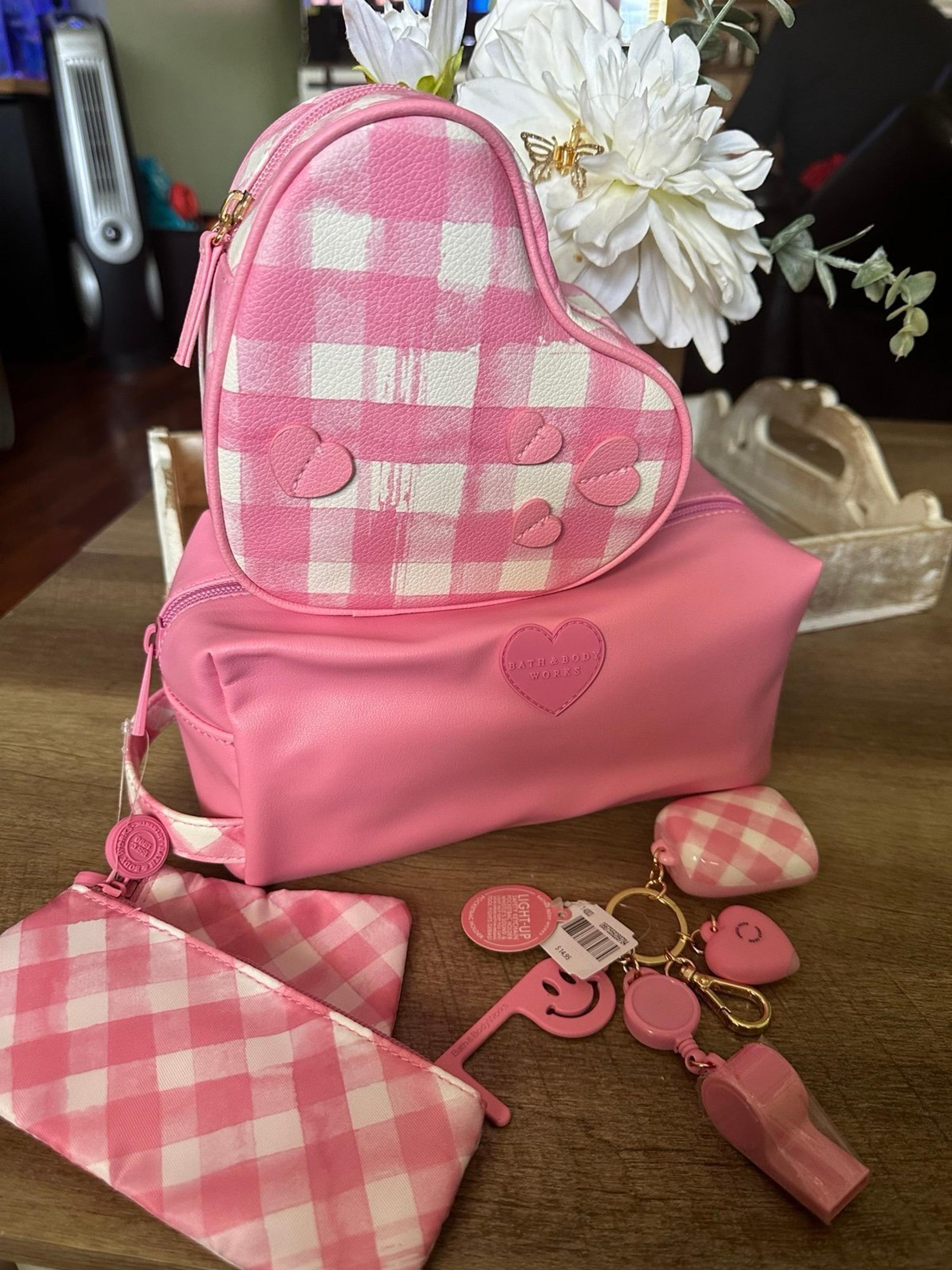 NEW BBW (3) PC GINGHAM PINK TRAVEL, COSMETIC , LIT-UP MULTI-TOOL KEYCHAIN POCKET