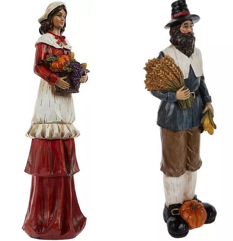 Pilgrim with Fruit Basket Thanksgiving Figurines - Two Piece Set - 12
