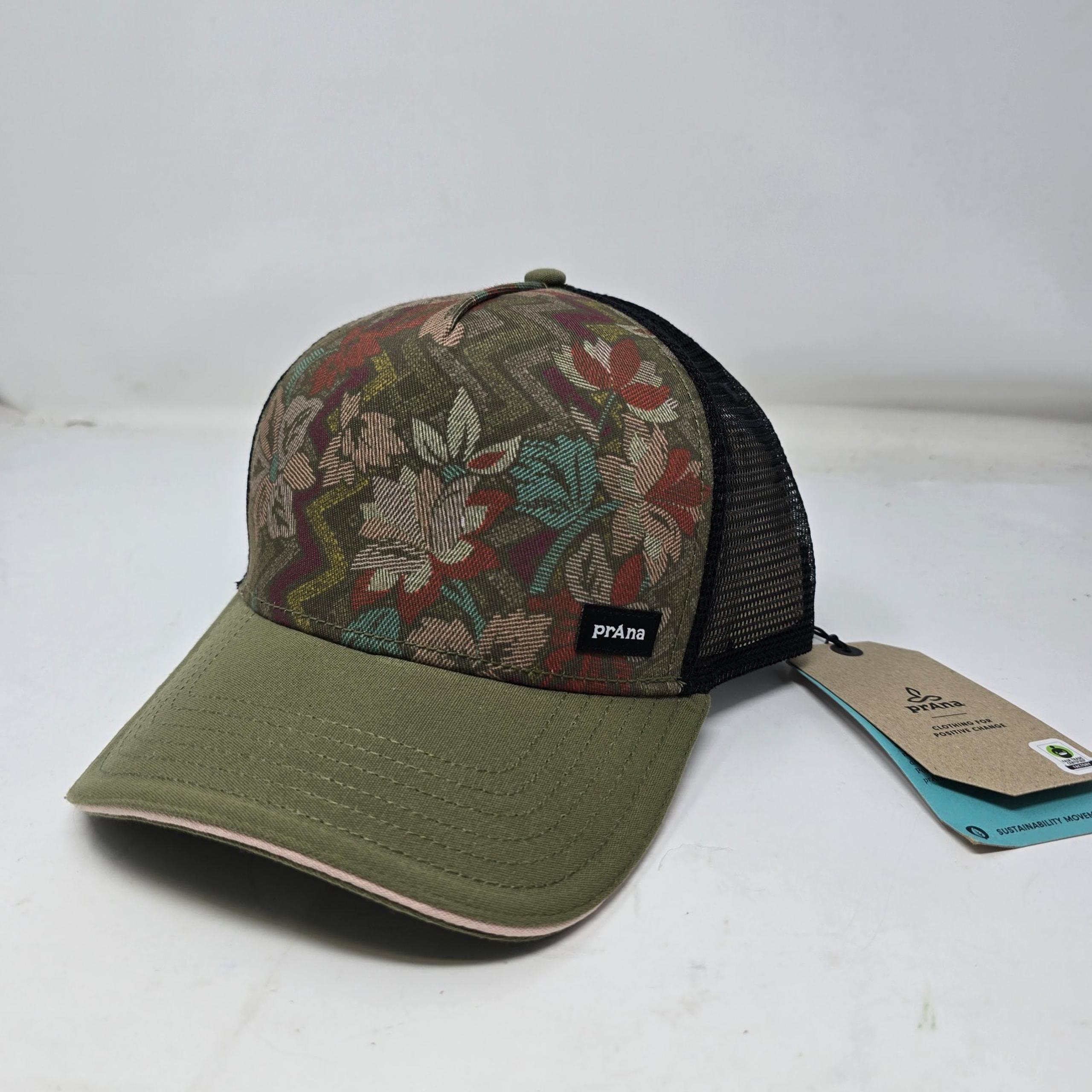 prAna Lower Pines Trucker Hat Green Floral One Size Hat Snap Cargo Horchata