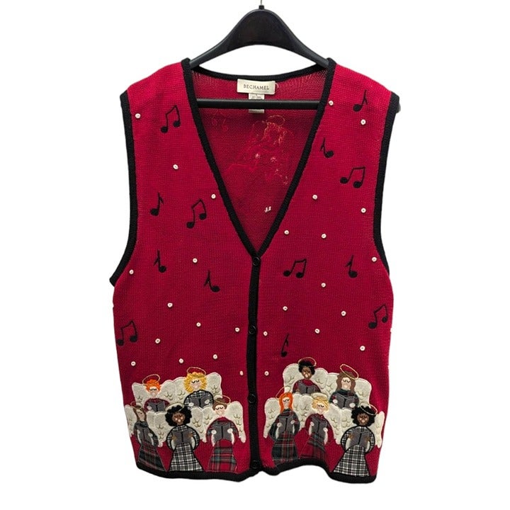 Bechamel Womens Red Angel Christmas Caroler Chorus Cardigan Sweater Vest Large L
