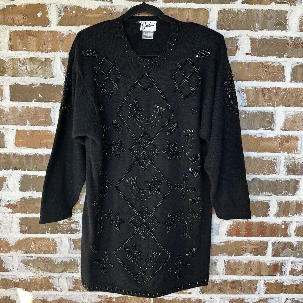 Carducci Sweater Dress Lambswool Angora Rabbit Hair Black Beaded Stars Sz M VTG