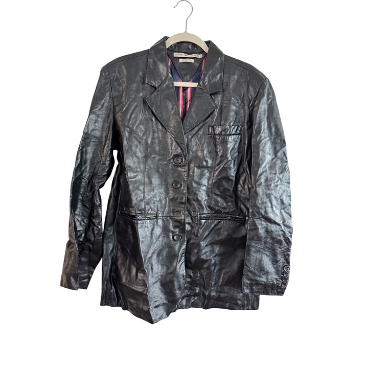 Vintage Tommy Hilfiger Black Leather Blazer Jacket Womens Size 14 Striped Satin