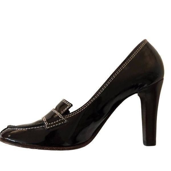 Theory Womens Leather Patent Round Toe Loafer Heel Black White Size 37