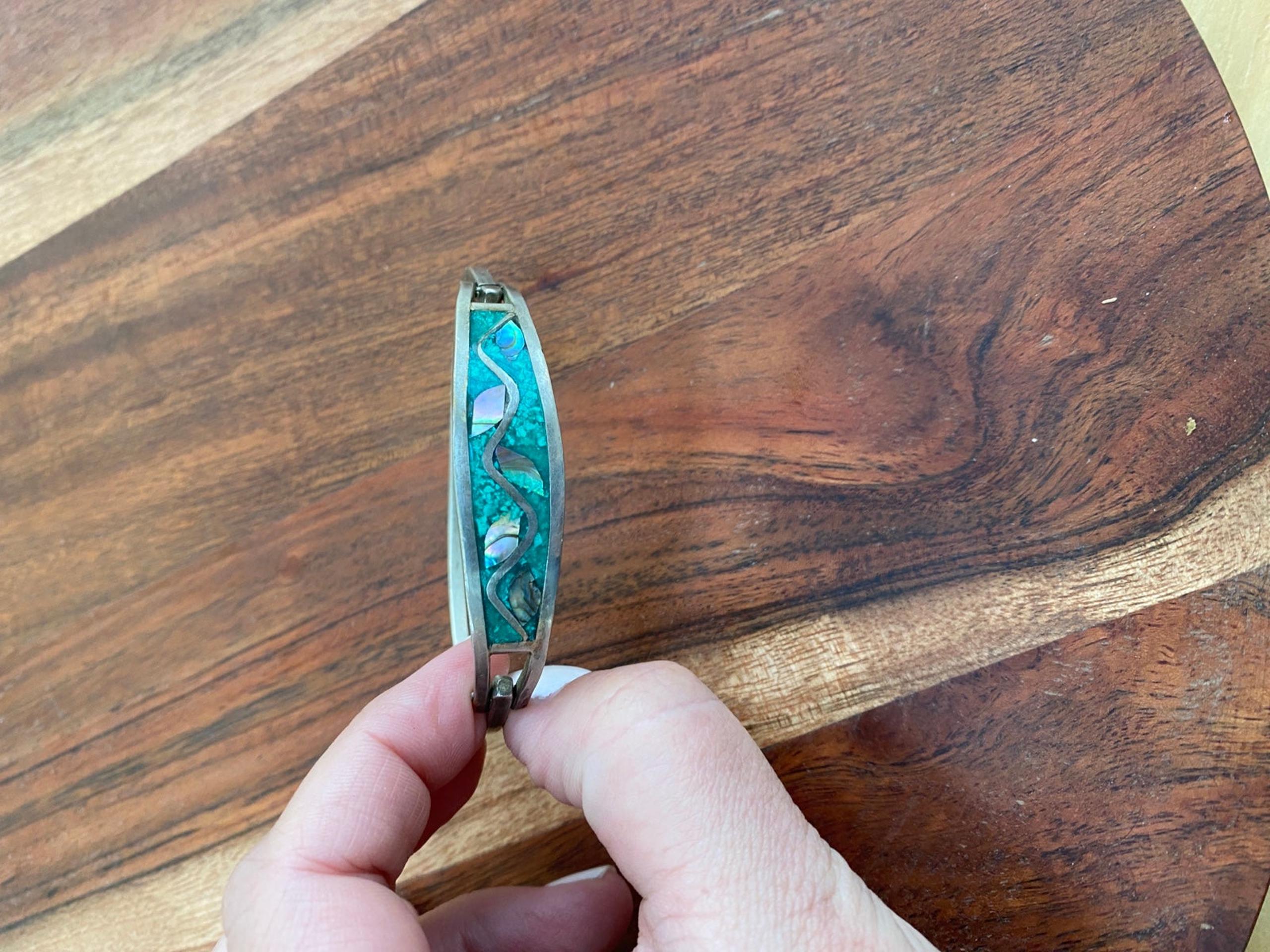 Vintage Alpaca Silver Mother of Pearl Bangle Bracelet Green Floral design