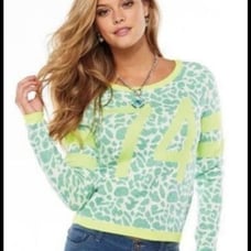 Juicy Couture 74 Juniors Sweater Green Yellow Leopard Print Metallic Lurex