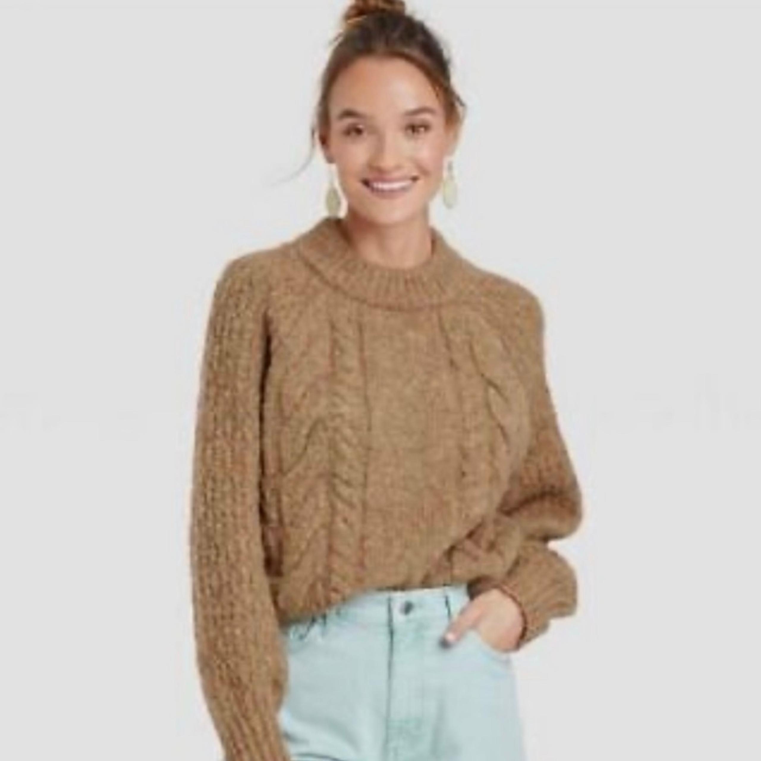 Target mock neck turtleneck sweater tan cable knit fisherman - Universal Thread