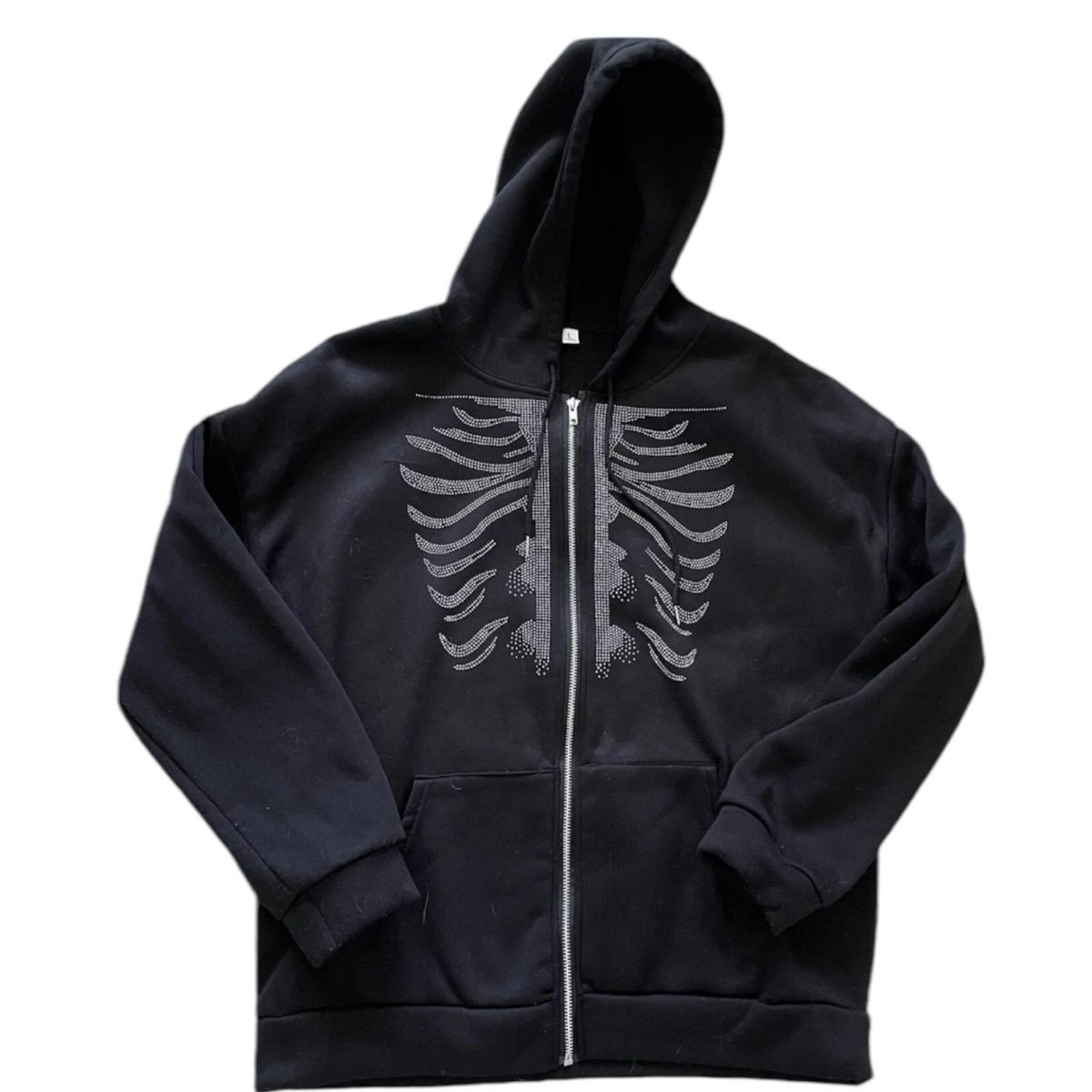 Rhinestone Skeleton Fashion Gothic Women Hoodie Sweatshirt Retro Zip Up Jacket