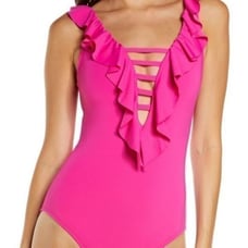 BLEU by Rod Beattie hot pink ruffle one piece bathing suit size 12 new!!