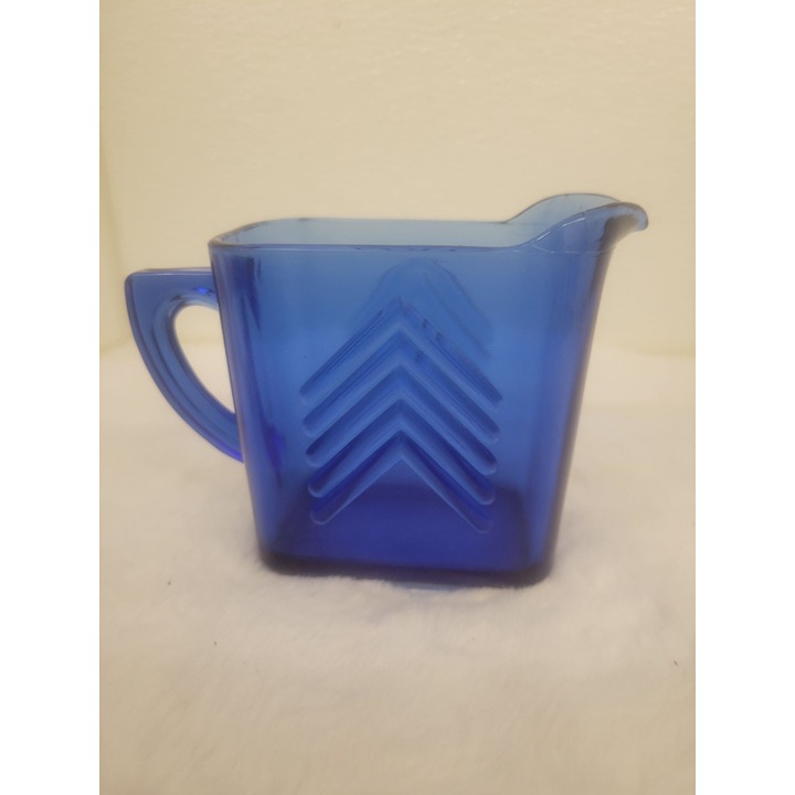 Vintage Cobalt Blue Hazel Atlas Glass Chevron Square Creamer 1930's