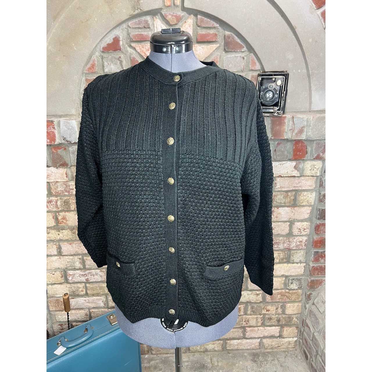 cardigan sweater black textured cozy vintage 1980s