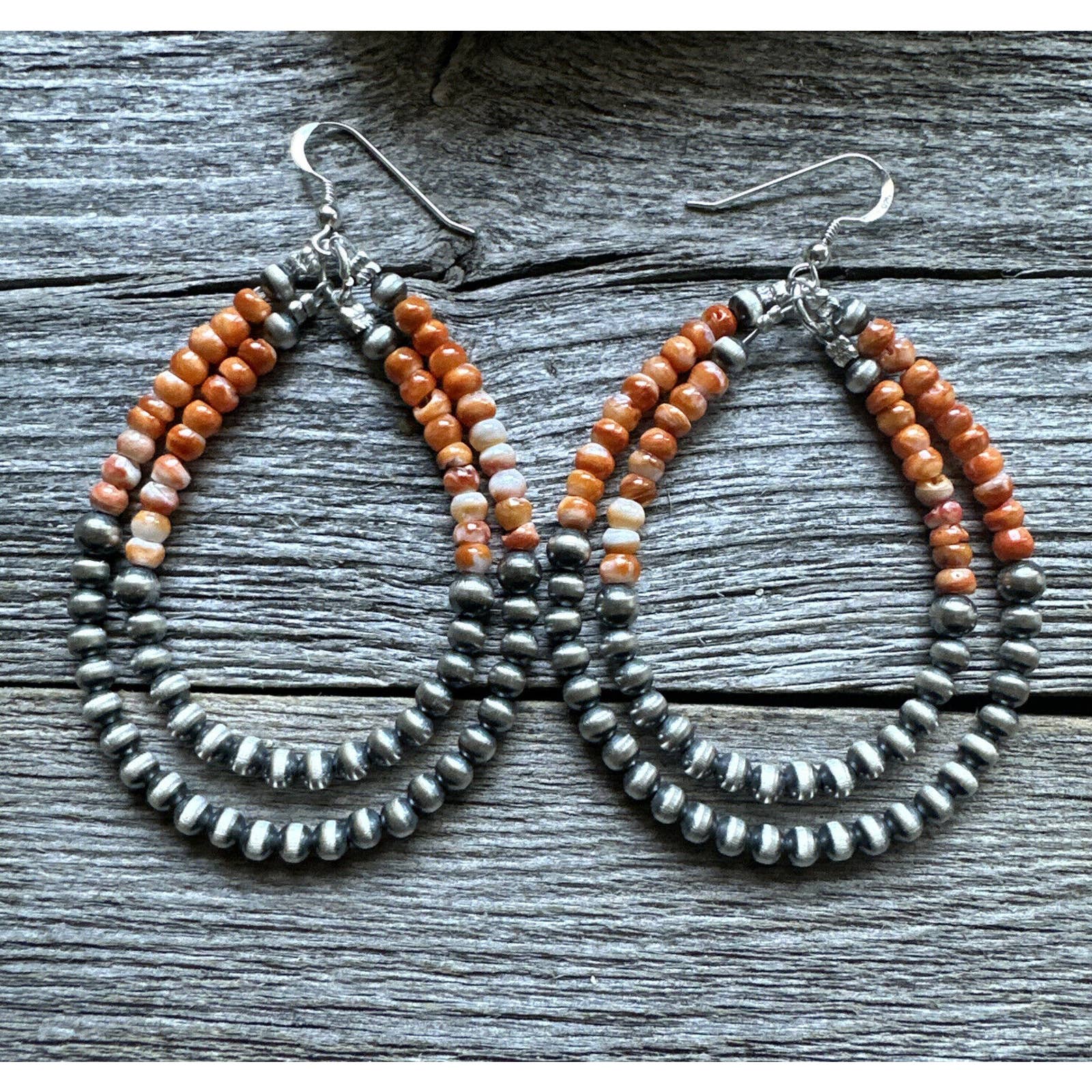 Sterling Silver Double Loop Orange Spiny Oyster Pearls Hoop Earrings.