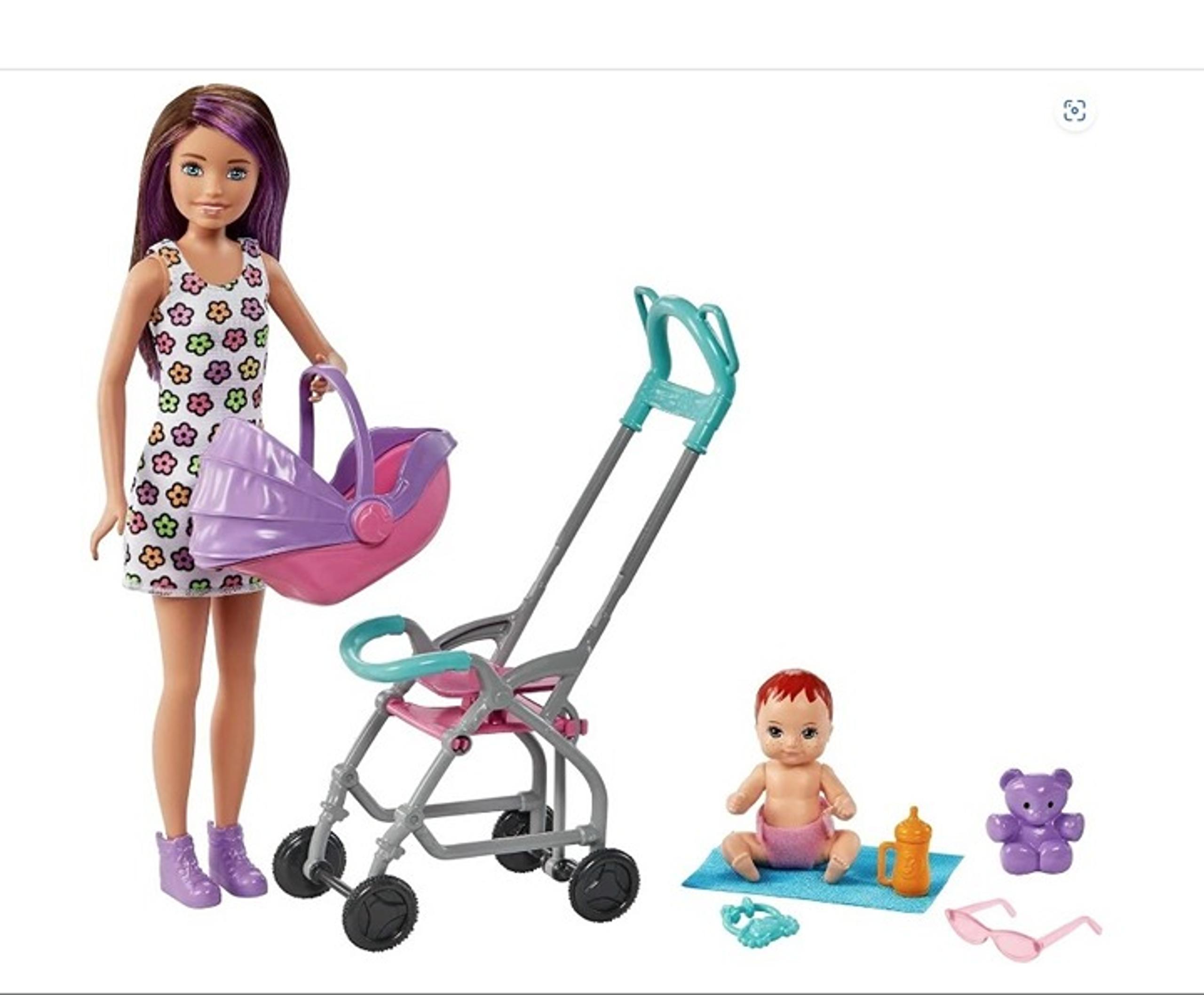 Skipper Babysitter. Brunette Straight Hair with Baby and stroller. Box - Barbie