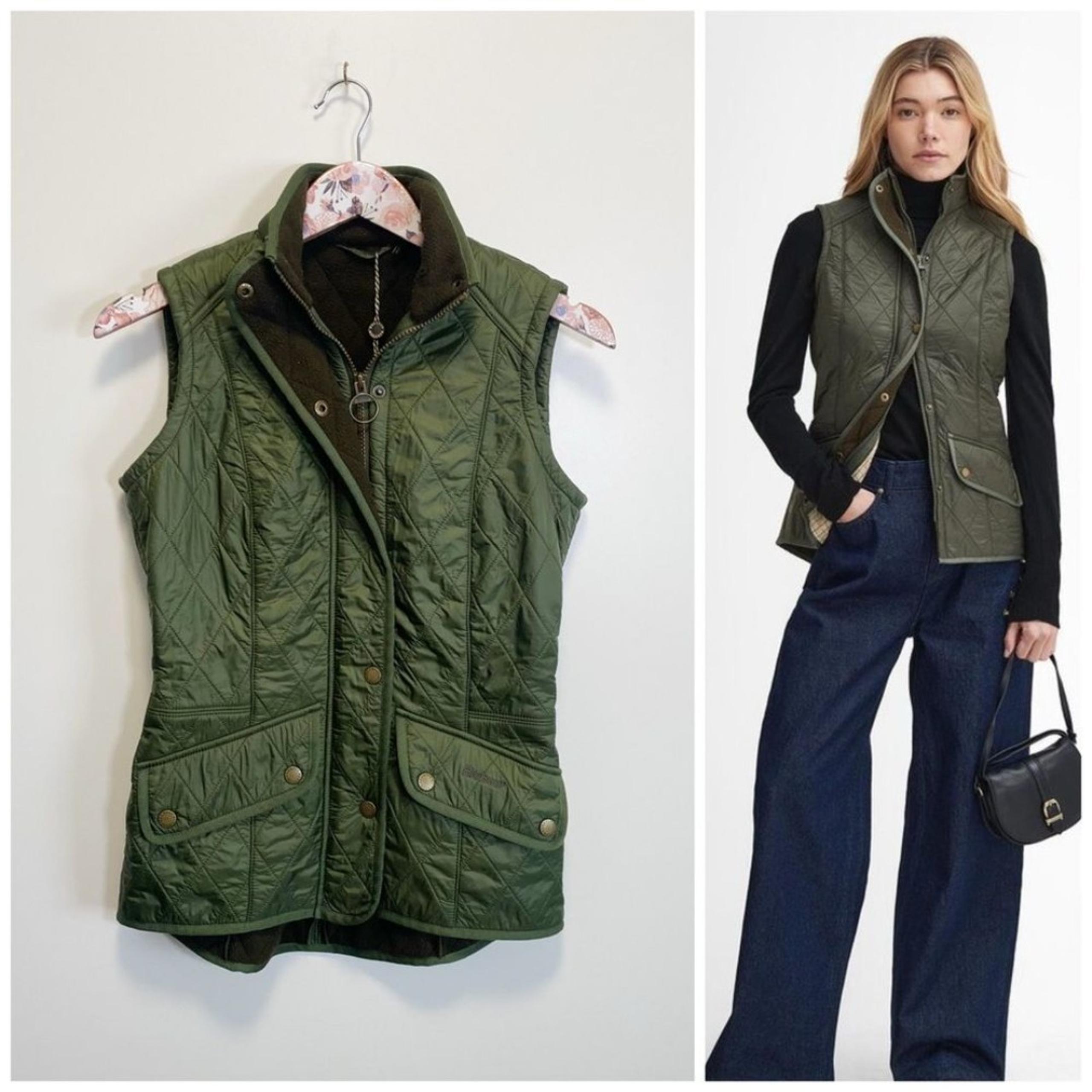 BARBOUR Calvary Diamond Quilted Gilet Equestrian Green Vest Fleece Lining Size 4