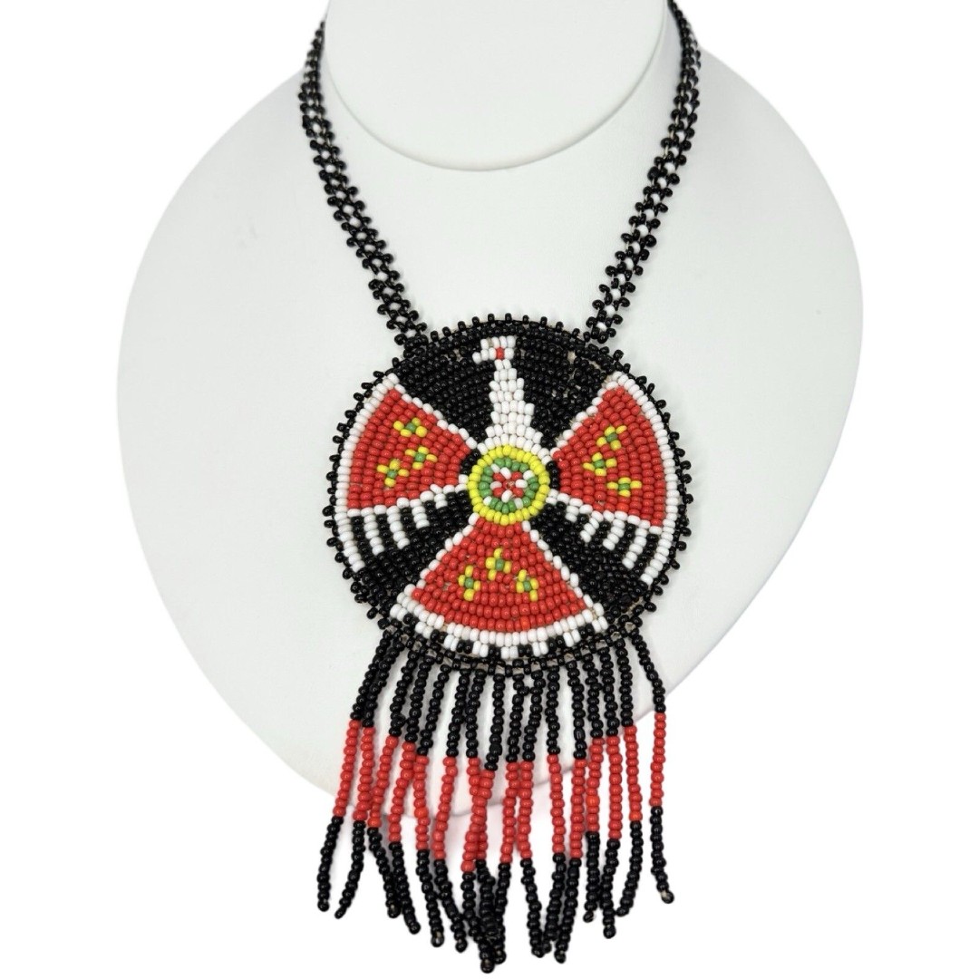 VTG Black Thunderbird Native American Medallion Necklace Seed Bead Leather Back
