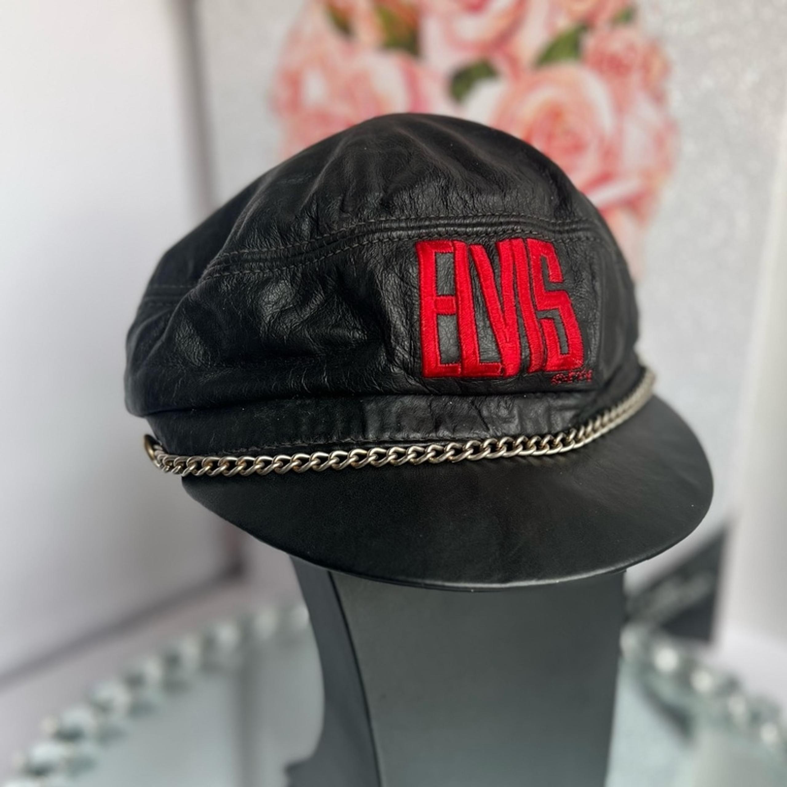 Vintage USA ELVIS Presley Motorcycle Biker Cap Black Leather silver chain XL