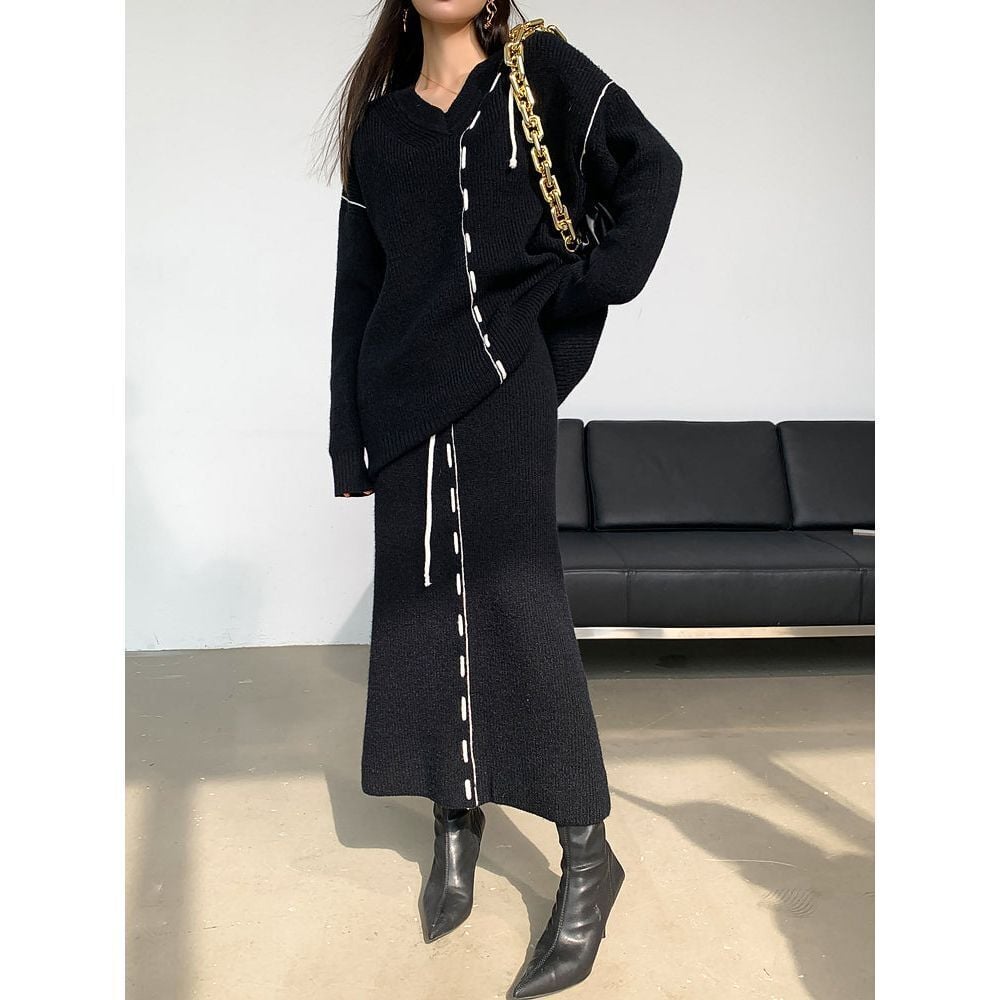 Commense Contrast Trim Knit Long Sleeve Drawstring Two Pieces Skirt Set size M