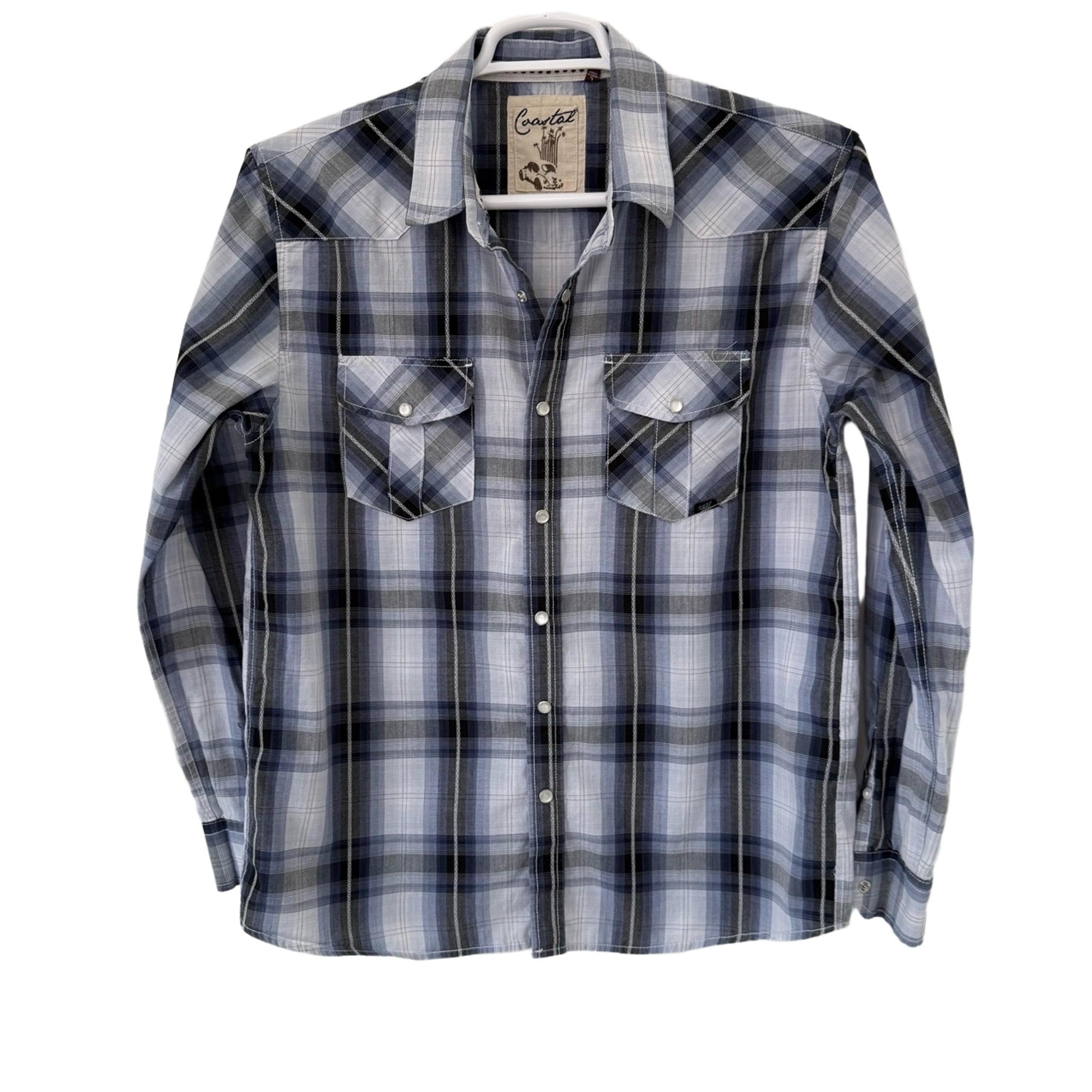Coastal Shirt Mens Large Blue Black Plaid Western Snap Button Chest Pockets