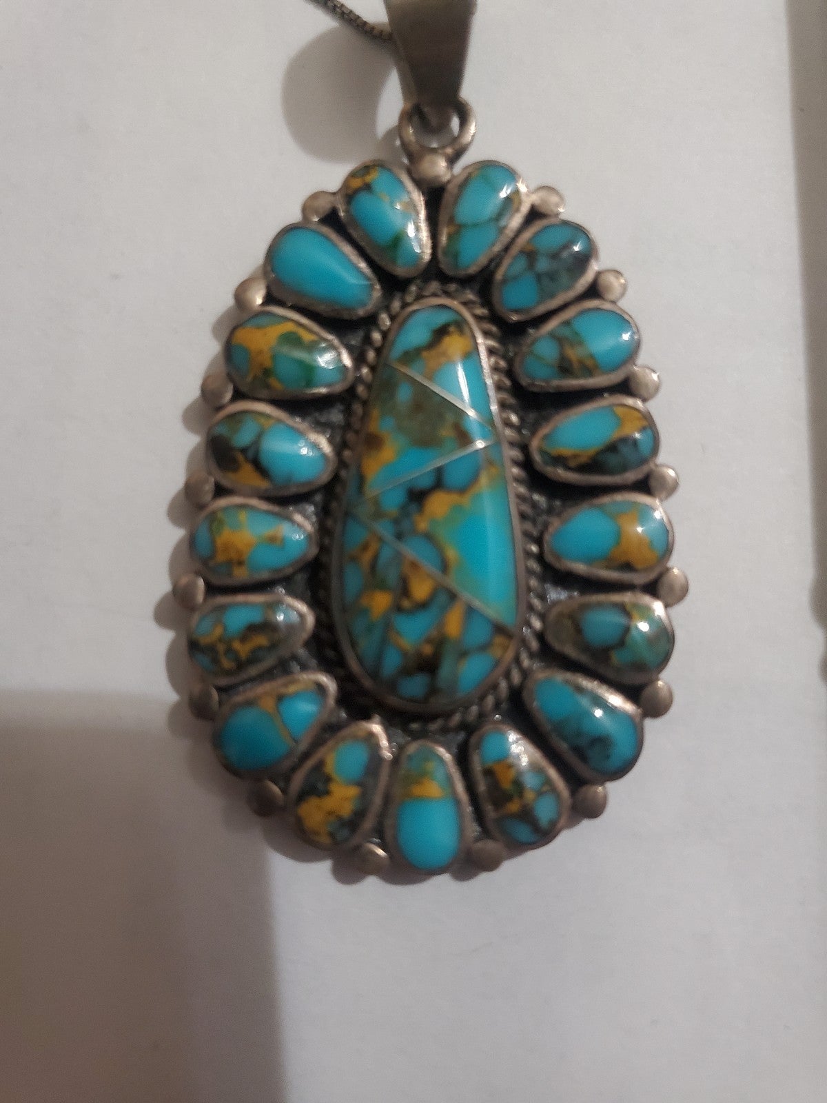Vintage Native American Turquoise & Silver Pendant shops w/Necklace