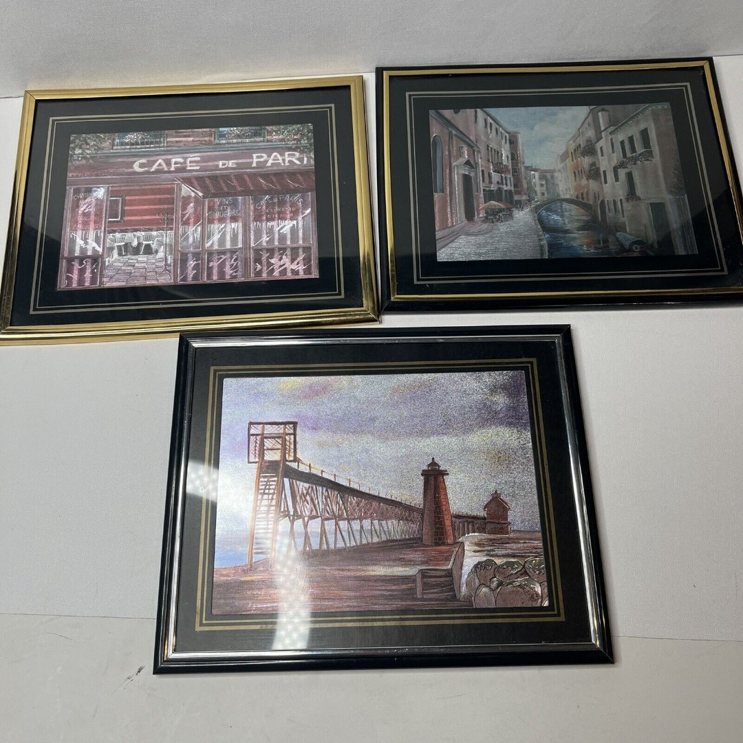 Lot Of 3 Metallic Foil Art City Scenery Cafe 8x10