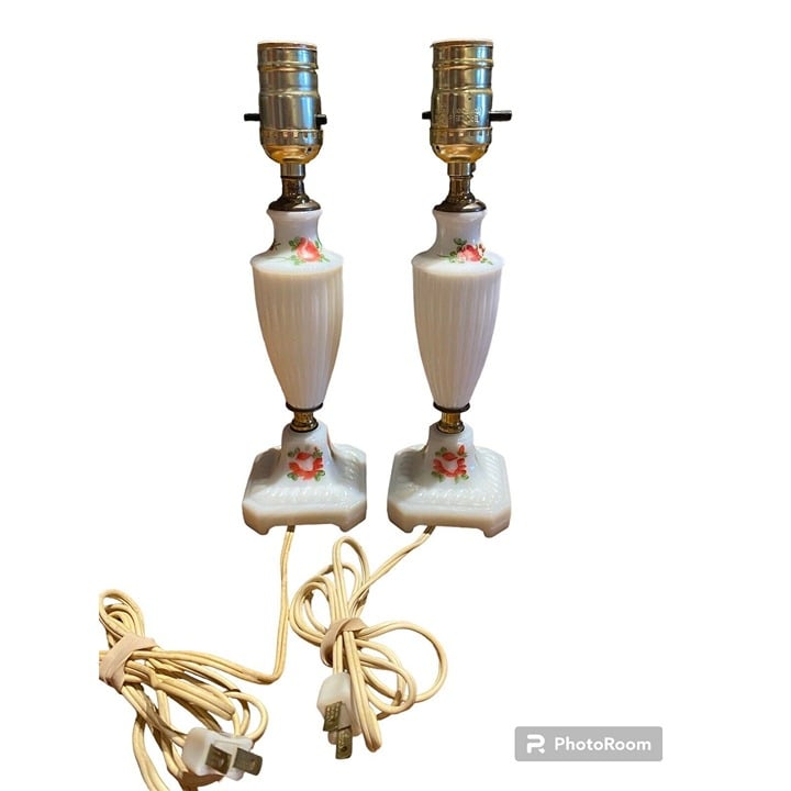 Vintage Boudoir Lamp Set 2 Working Pair Milk Glass Rose Pattern Vtg Wiring Cords