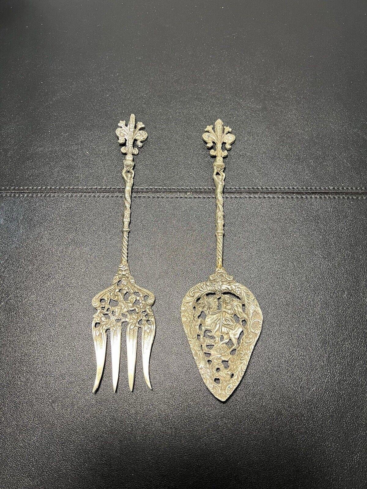 Italian Antique 1900s Intricate Pierced Large Serving Spoon Fork Albata Plate AP