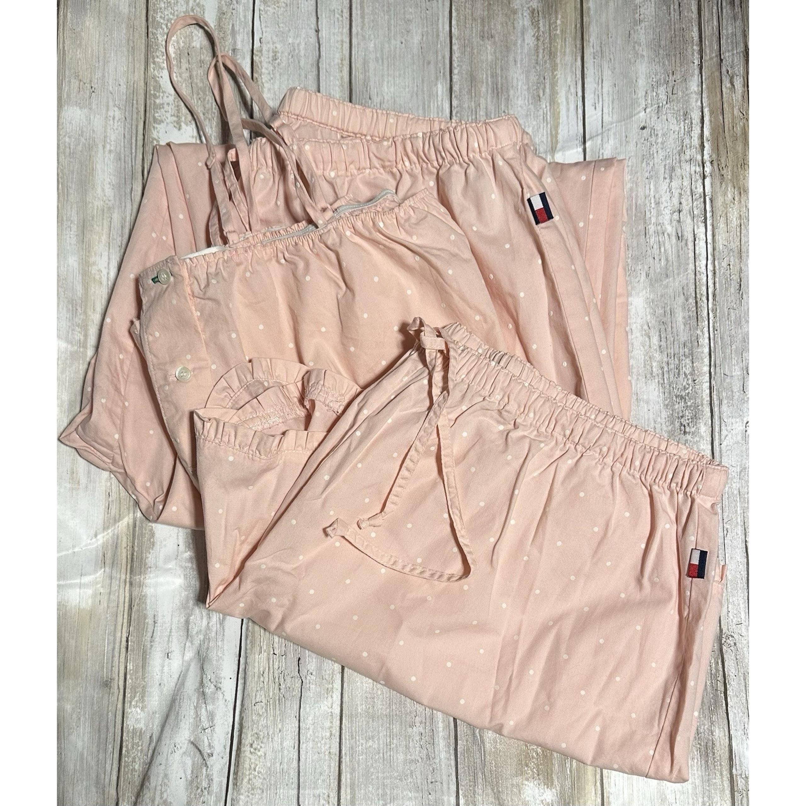 EUC Tommy Hilfiger 3 Piece Pajama Set.  Pink Polka Dot Medium Top, Large Bottoms