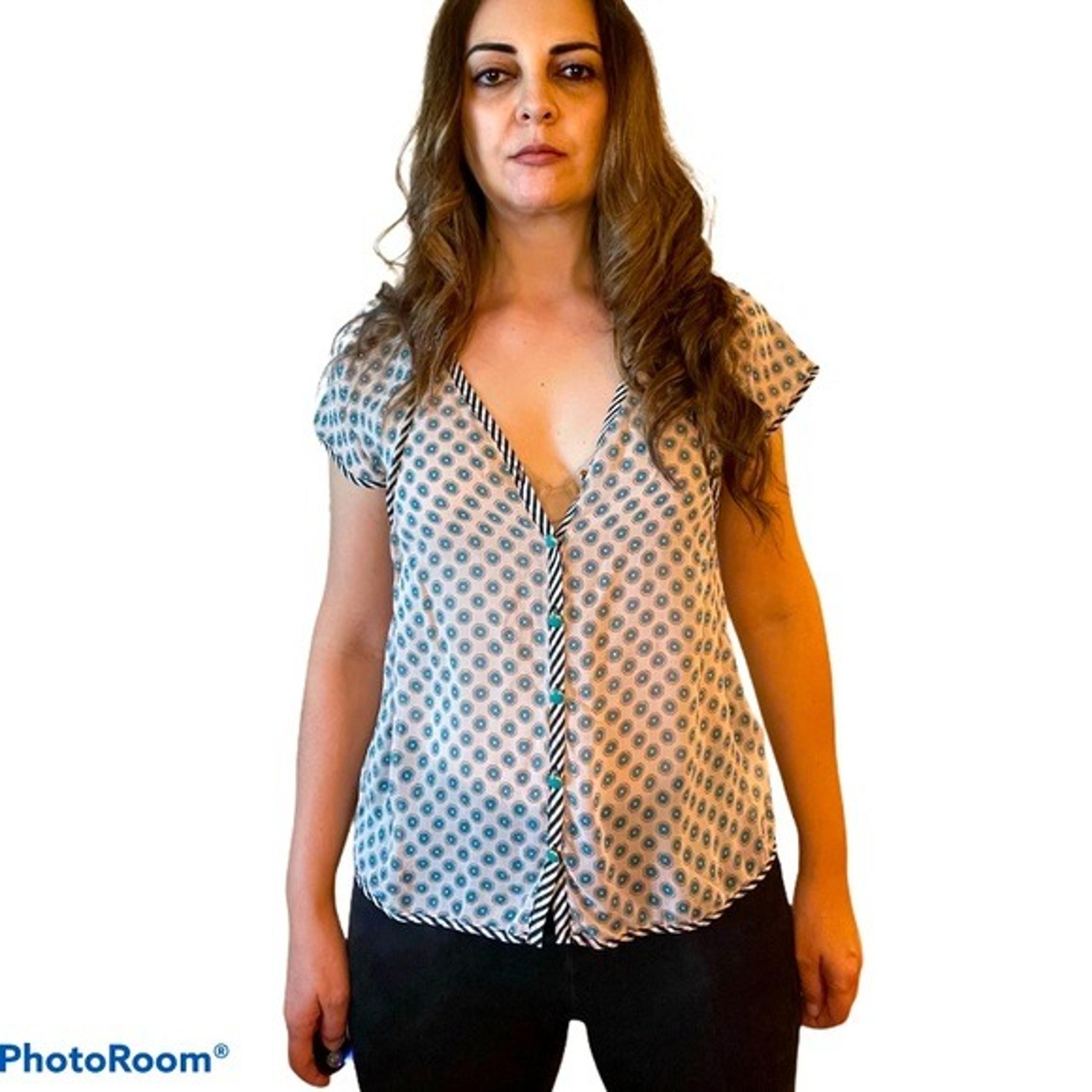 Juicy Couture Cream & Aqua Printed Silk Blouse S