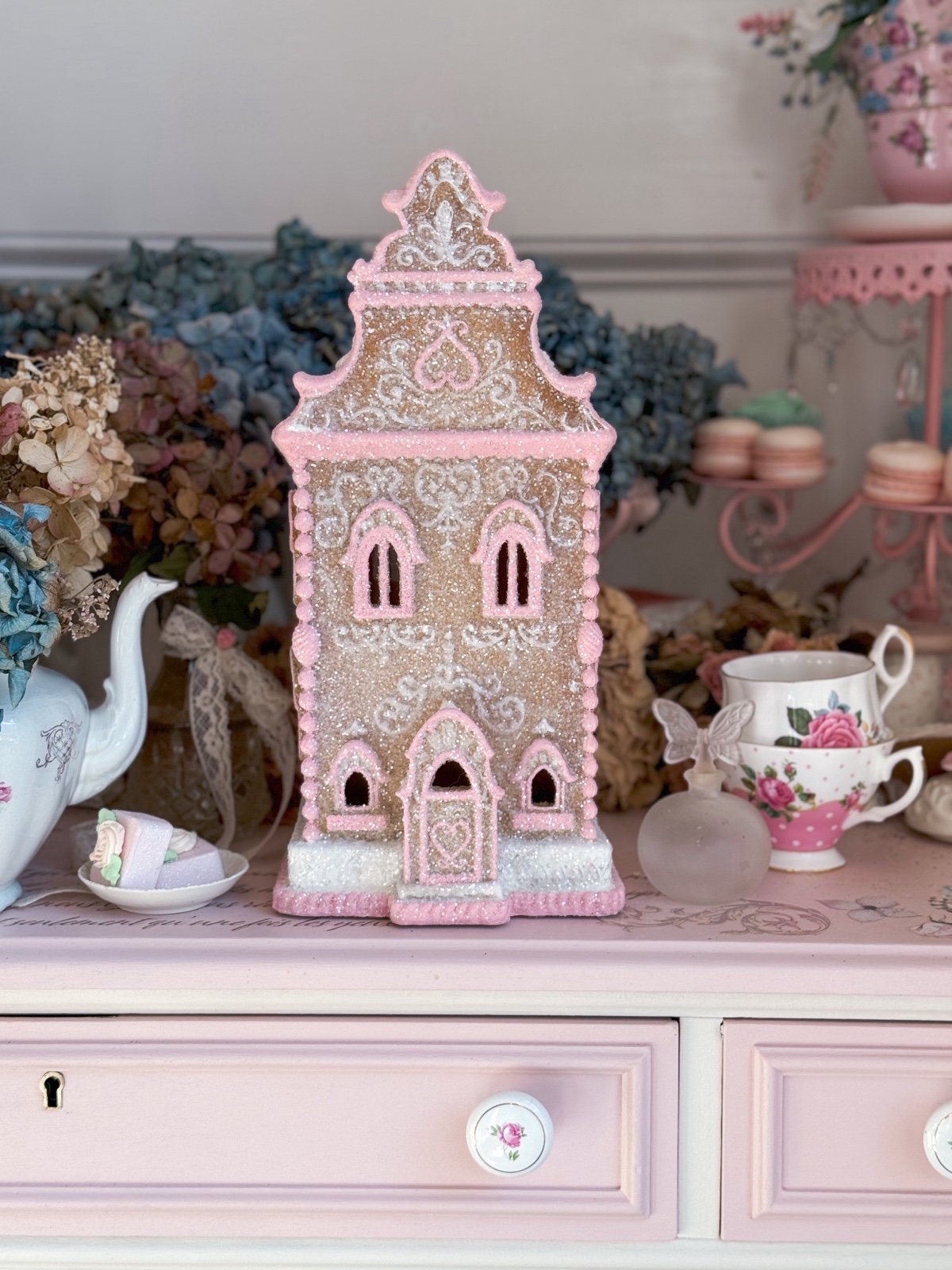 Bespoke Hand Painted LED Light Up Pastel Pink Gingerbread Townhouse