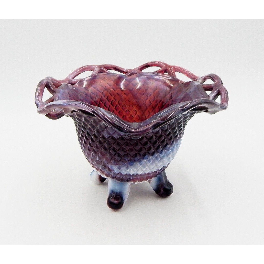 Imperial Diamond Lace Candy Dish Pattern Purple Slag Three Toed Glass Bowl